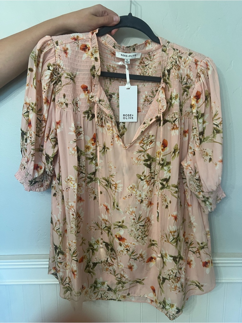 Rose & Olive Blush Pink Floral Smocked Peasant Top